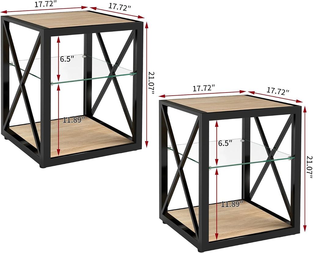 Modern End Table Set of 2 for Living Room 17.7" Bedroom Nightstand, Tempered Glass Shelf & Rustic Wood MDF Top Square Side Tables 2 Pack, Industrial Natural