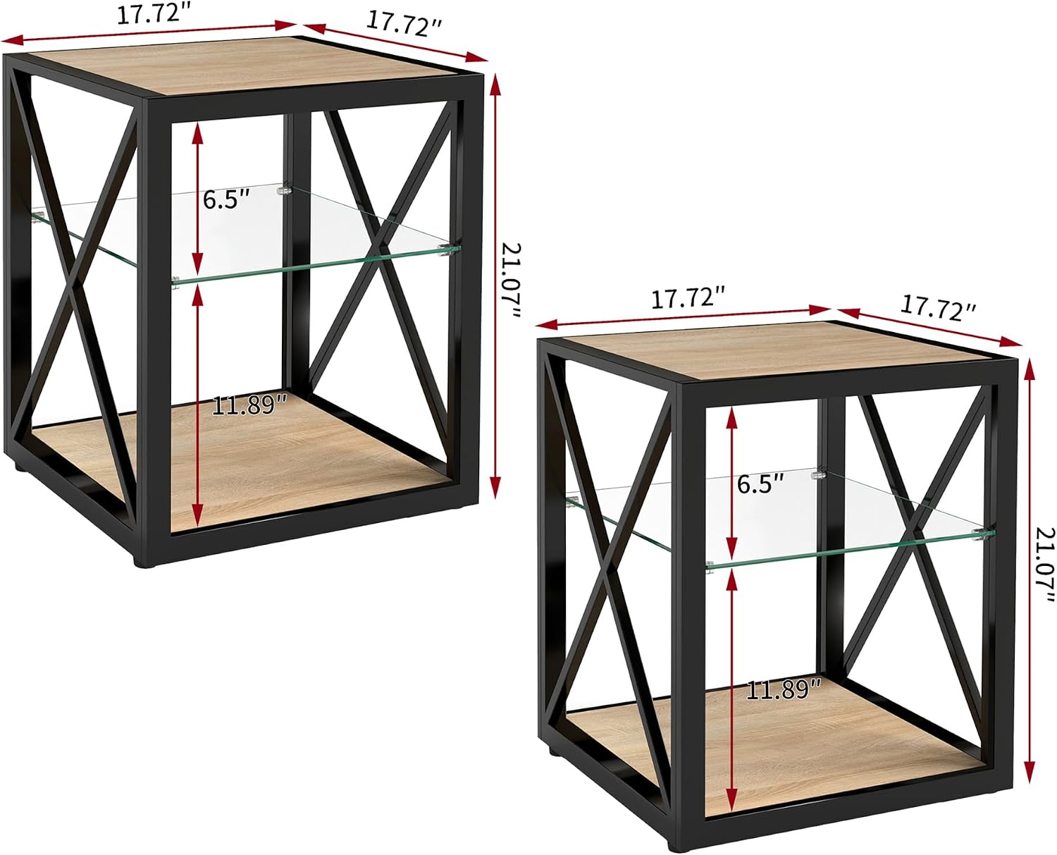 Modern End Table Set of 2 for Living Room 17.7" Bedroom Nightstand, Tempered Glass Shelf & Rustic Wood MDF Top Square Side Tables 2 Pack, Industrial Natural