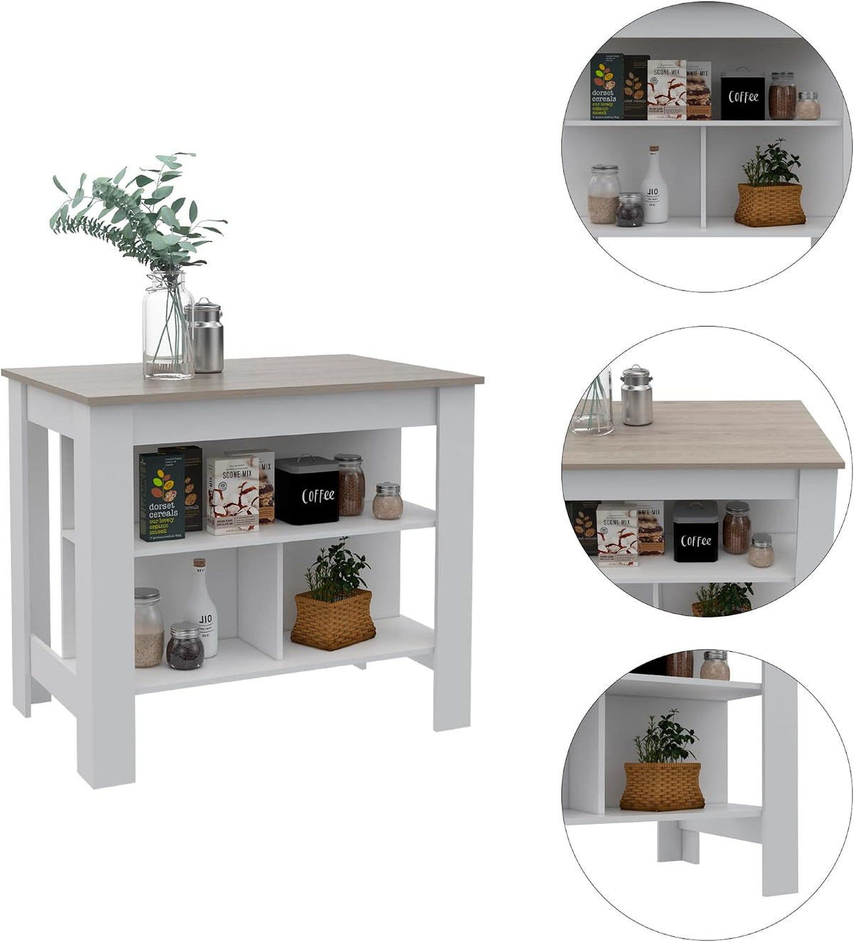 Three Shelf Kitchen Island with Four Legs - Light Gray/White | Three-tiered design with four legs for stable support