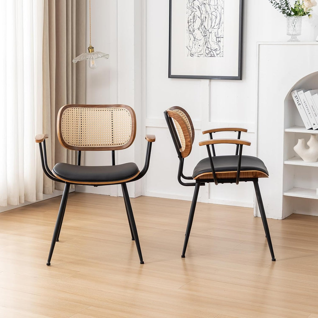 Rattan Dining Room Chairs Set of 2,Mid Century Modern Kitchen Side Chairs,Metal Legs Desk Chairs,Faux Leather Accent Chairs with Arms and Rattan Backrest,Black PU