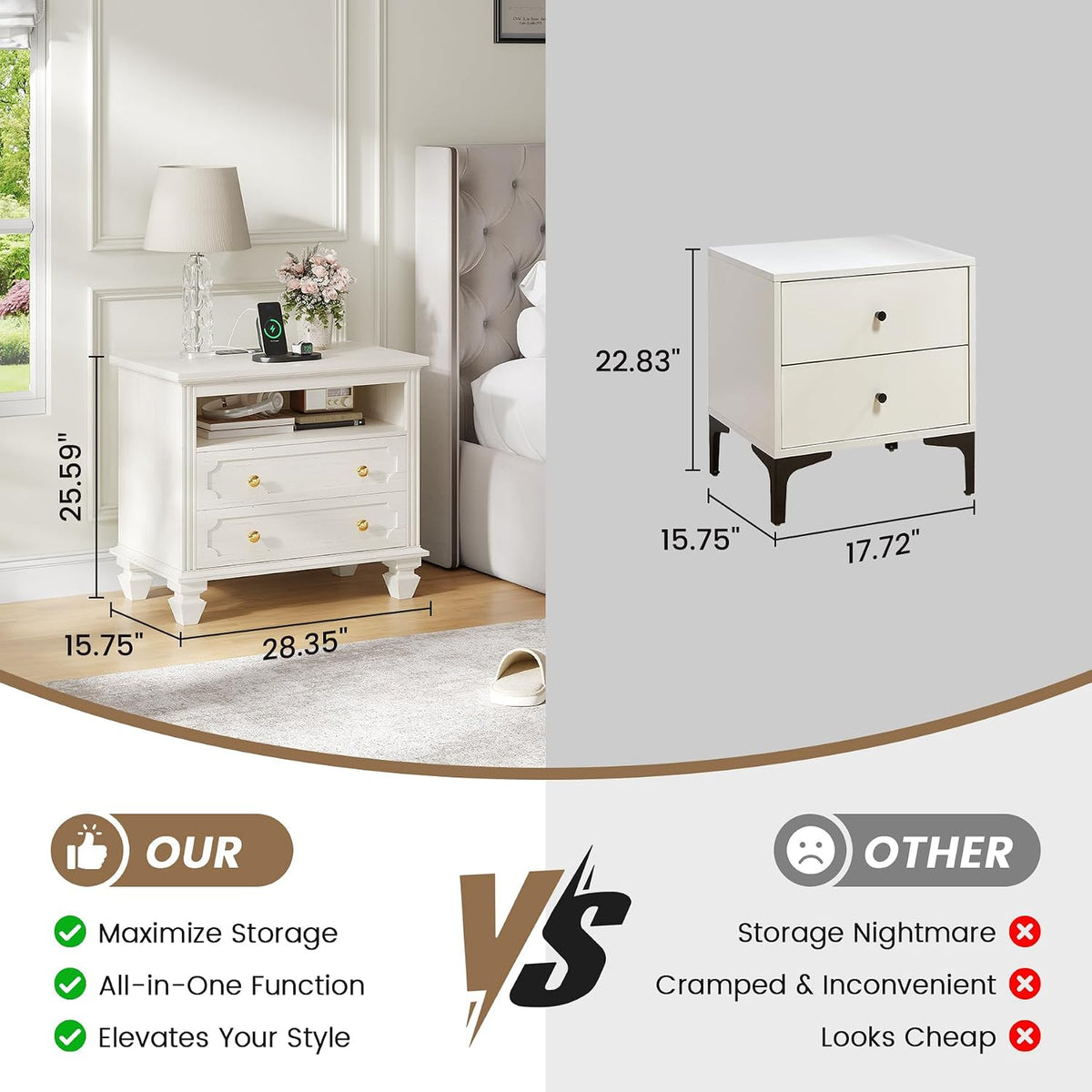 FREDEES 28'' Large Night Stand with Charging Station & LED Light | Bedside Table w/ Outlet, 3-Color Lights, Solid Wood Legs, End Tables Bedroom Livingroom, Farmhouse Natural Wood