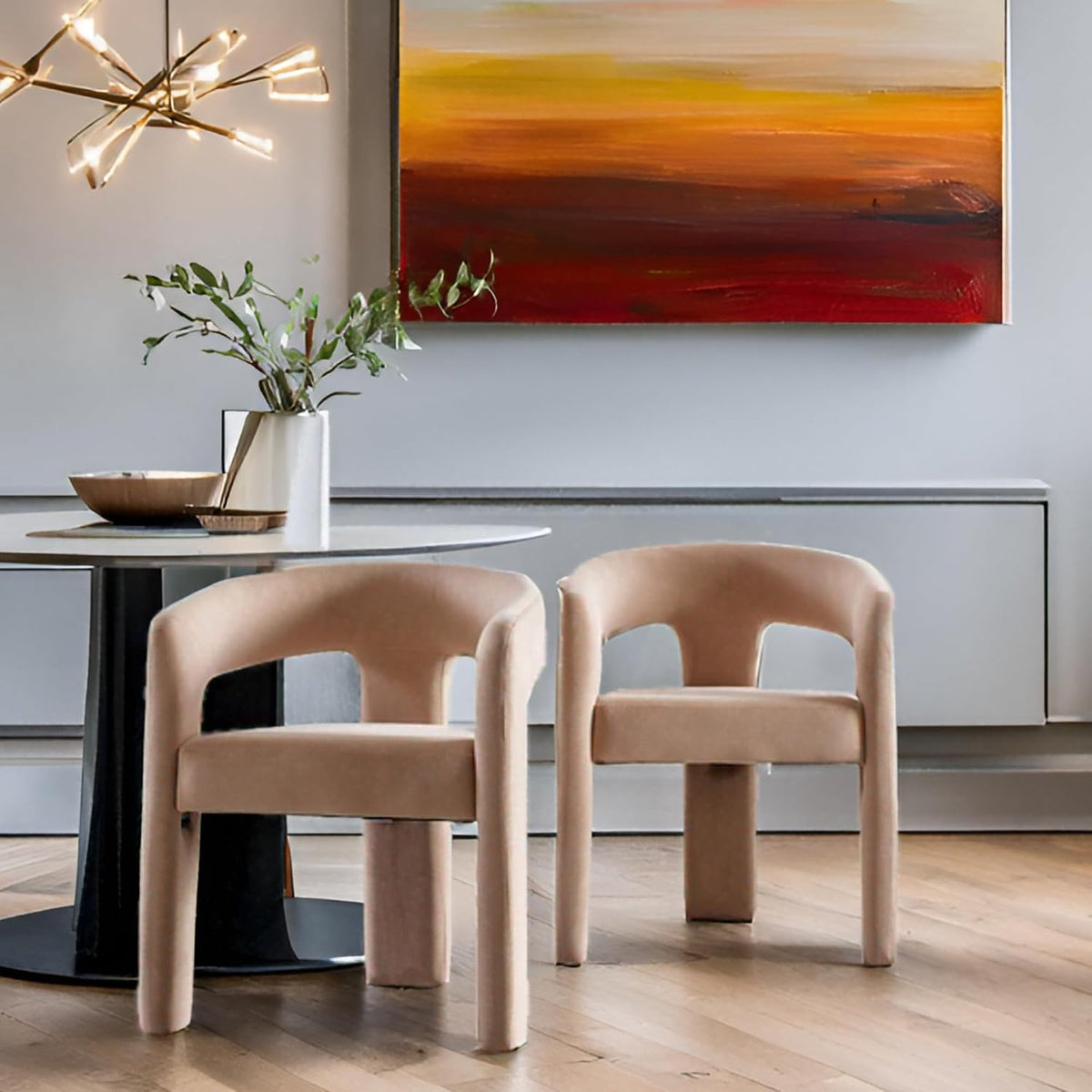 RIVOVA Modern Barrel Dining Chairs Set of 2 Upholstered Velvet Accent Side Chair with Arms Comfy Makeup Vanity Chairs, Dining Living Room Kitchen Chairs Armchairs, Khaki