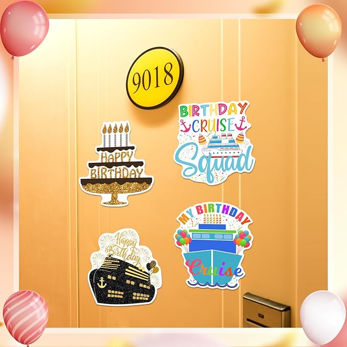 Hoteam 4 Pcs Birthday Cruise Door Decorations Magnetic Large Happy Birthday Cruise Ship Door Magnets Funny Waterproof Balloon Cake Nautical Magnets for Carnival Cabin Stateroom Fridge Car