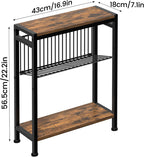 Small Side Table for Small Space, 3-Tier Narrow End Table with Magazine Holder,Slim Nightstand, Skinny Snack Couch Table in Living Room, Bedroom Study and Balcony (Rustic Brown &Black)