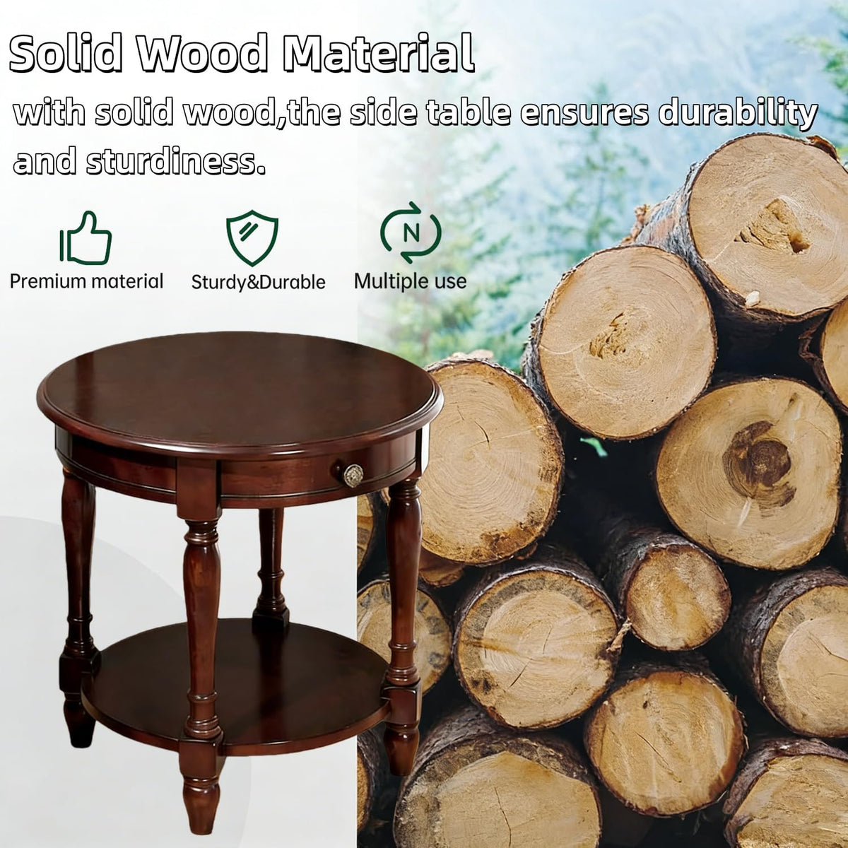 YUNMUAIR-Solid Wood End Table,Round Side Table with Drawers,Vintage Nightstand,Sofa Side Tables with Storage Shelf,Traditional Retro End Tables for Small Spaces,Living Room,Bedroom,Dark Brown