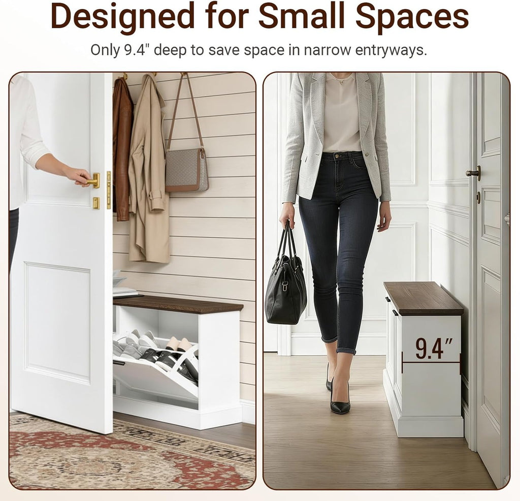 SoBuy Narrow Shoe Bench with Flip Drawers - Slim White Entryway Shoe Storage Bench for Small Spaces, Modern Shoe Cabinet Organizer for Hallway or Foyer, Compact Wooden Shoe Rack, FSR217-WN