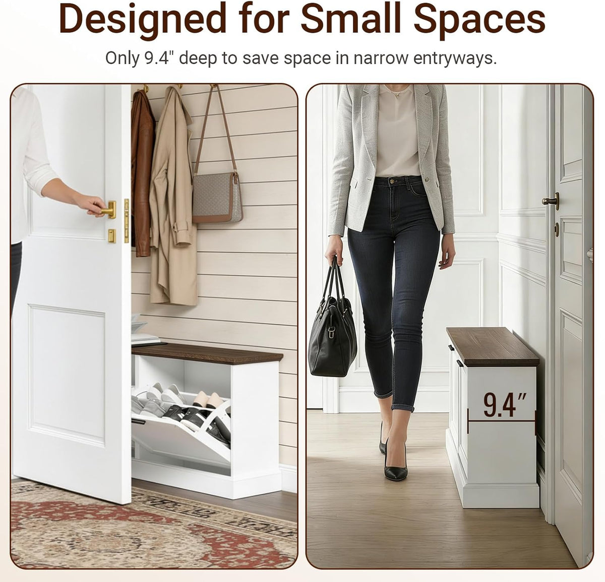 SoBuy Narrow Shoe Bench with Flip Drawers - Slim White Entryway Shoe Storage Bench for Small Spaces, Modern Shoe Cabinet Organizer for Hallway or Foyer, Compact Wooden Shoe Rack, FSR217-WN
