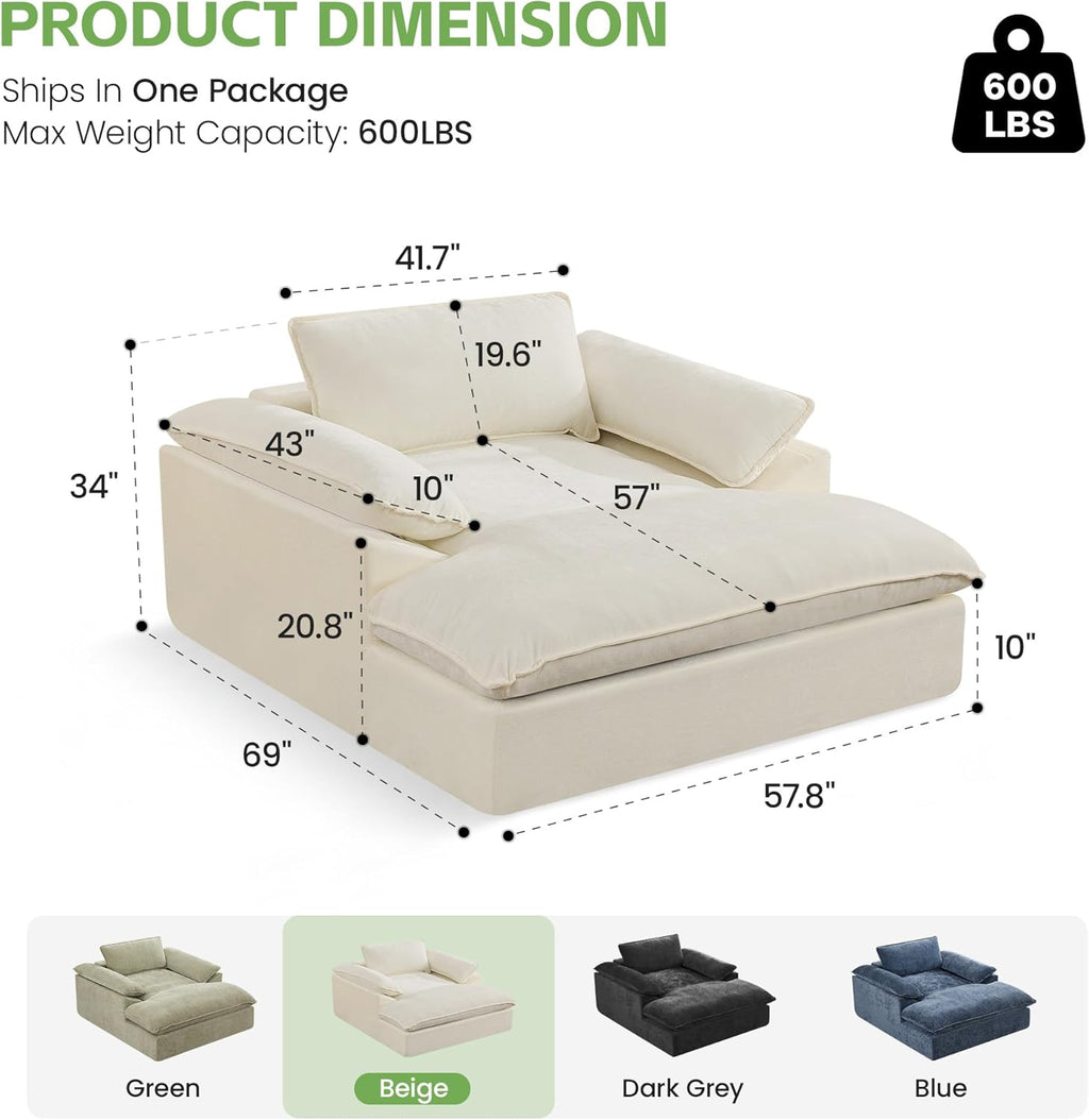 HUBSON 69" Oversized Chaise Lounge Chair Indoor, Comfy Deep Seat Sleeper Lounge Couch, Upholstered Chenille Cloud Chairs for Living Room, Bedroom, Apartment, No Assembly Required, Beige