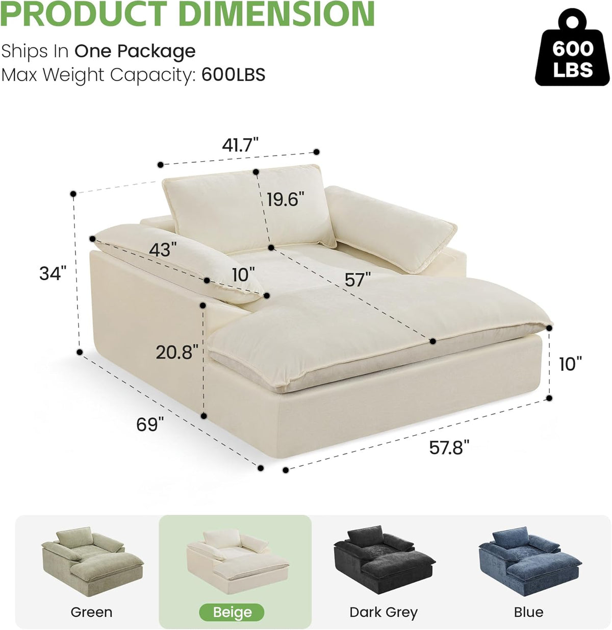 HUBSON 69" Oversized Chaise Lounge Chair Indoor, Comfy Deep Seat Sleeper Lounge Couch, Upholstered Chenille Cloud Chairs for Living Room, Bedroom, Apartment, No Assembly Required, Beige