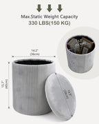 LITZFUR Round Ottoman with Storage, Velvet Foot Rest Stool, Grey | Versatile Upholstered Vanity Stool, Padded Folding Storage Ottoman for Living Room, Bedroom and Dorm