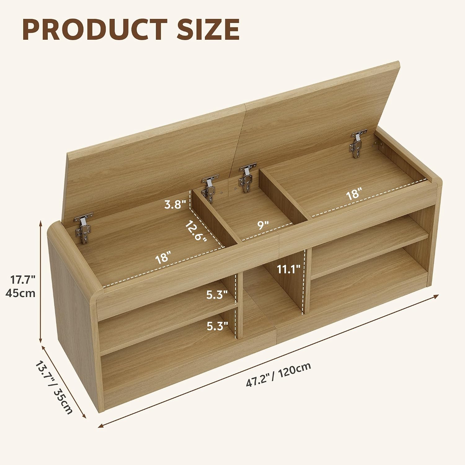 Shoe Storage Bench, 47.2in Entryway Bench with Flip-Open Storage Box, 2 Tier Shoe Rack Organizer with Shelf, Entryway Cabinet for Hallway Living Room Bedroom, Natural