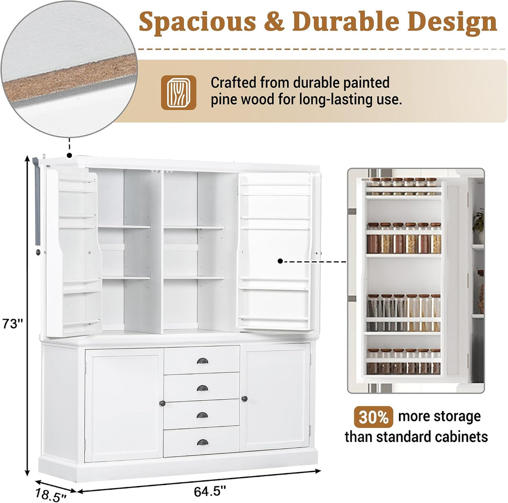 73" Freestanding Kitchen Pantry Organizer - Wooden Storage Unit with 4 Shelved Compartments, 4 Storage Bins & 8 Adjustable Shelves for Dining Room Kitchen Organization (White19)