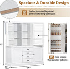 73" Freestanding Kitchen Pantry Organizer - Wooden Storage Unit with 4 Shelved Compartments, 4 Storage Bins & 8 Adjustable Shelves for Dining Room Kitchen Organization (White19)