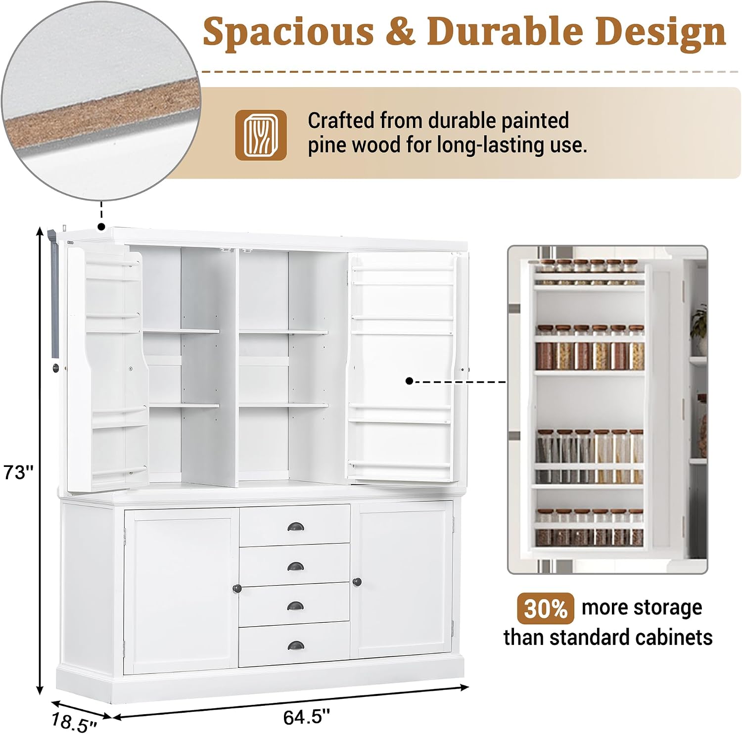 73" Freestanding Kitchen Pantry Organizer - Wooden Storage Unit with 4 Shelved Compartments, 4 Storage Bins & 8 Adjustable Shelves for Dining Room Kitchen Organization (White19)
