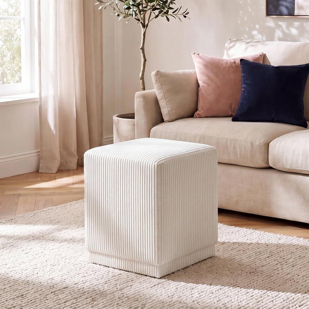 Homebeez Modern Square Ottoman, Vertical Channel Tufted Foot Stool Ottoman, Corduroy Velvet Upholstered Vanity Stool for Makeup, Bedroom, Living Room, Cream White