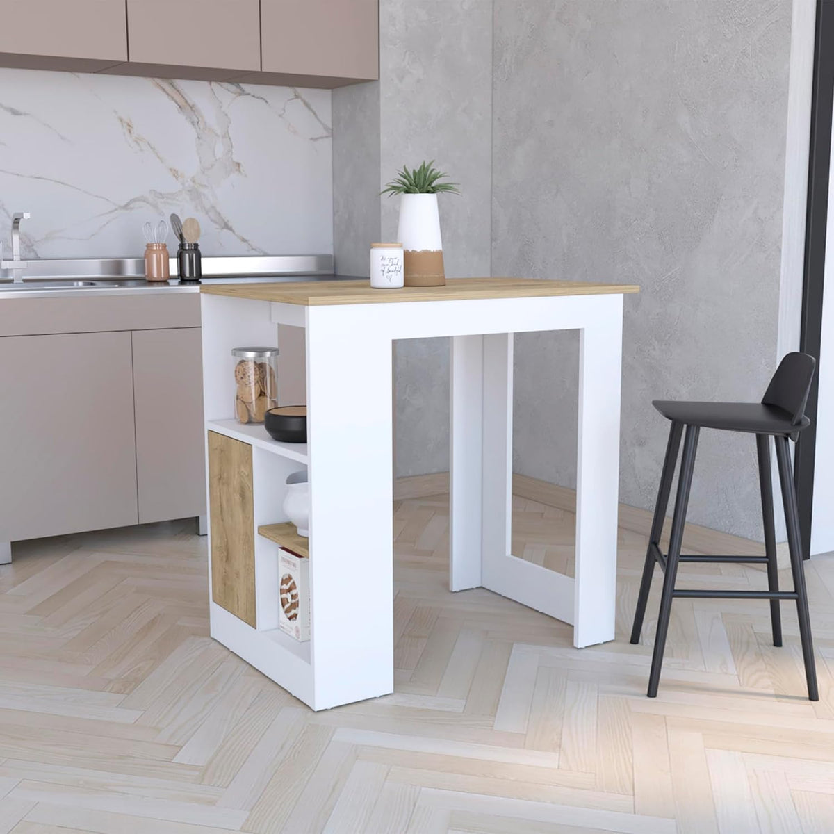 Kitchen Island with 1-Door Cabinet and Side Shelves | Push-to-open cabinet with three side storage shelves
