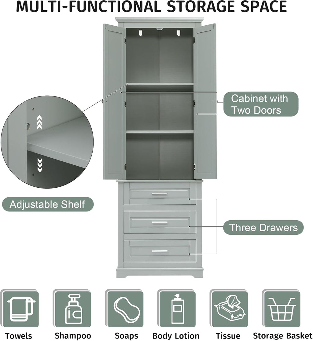 Merax 70" Pantry Cabinet with Two Doors & Three Drawer, Adjustable Shelves Storage Cupboard for Kitchen/Dining Room/Bathroom, Gray