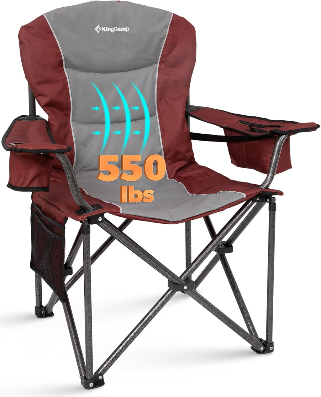 KingCamp Oversized Camping Chair with Adjustable Lumbar Support, 550lbs Heavy Duty Padded Folding Lawn Chair for Adults, Outdoor Armchair with Cooler Bag, Cup Holder & Side Pocket for Fishing, Travel
