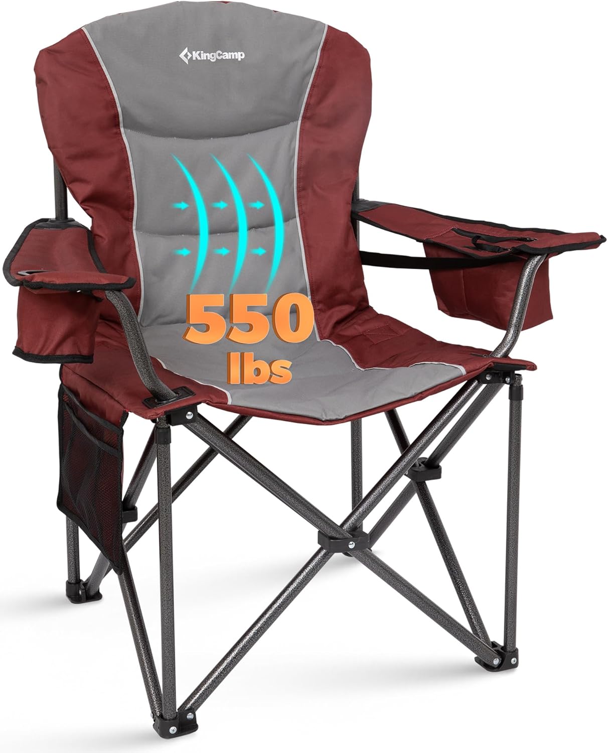 KingCamp Oversized Camping Chair with Adjustable Lumbar Support, 550lbs Heavy Duty Padded Folding Lawn Chair for Adults, Outdoor Armchair with Cooler Bag, Cup Holder & Side Pocket for Fishing, Travel