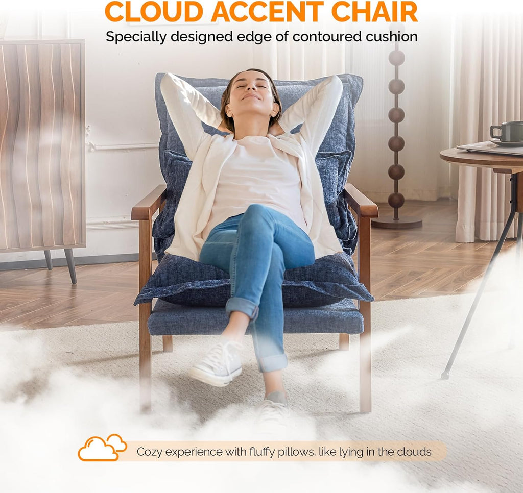 VINGLI Mid-Century Modern Cloud Accent Armchairs set of 2 with Lumbar Pillow, 6.3'' Thick Seat Cushion Reading Chairs with Wooden Armrests, Boho Lounge Chair for Bedroom,Living Room,Chenille,Gray Blue