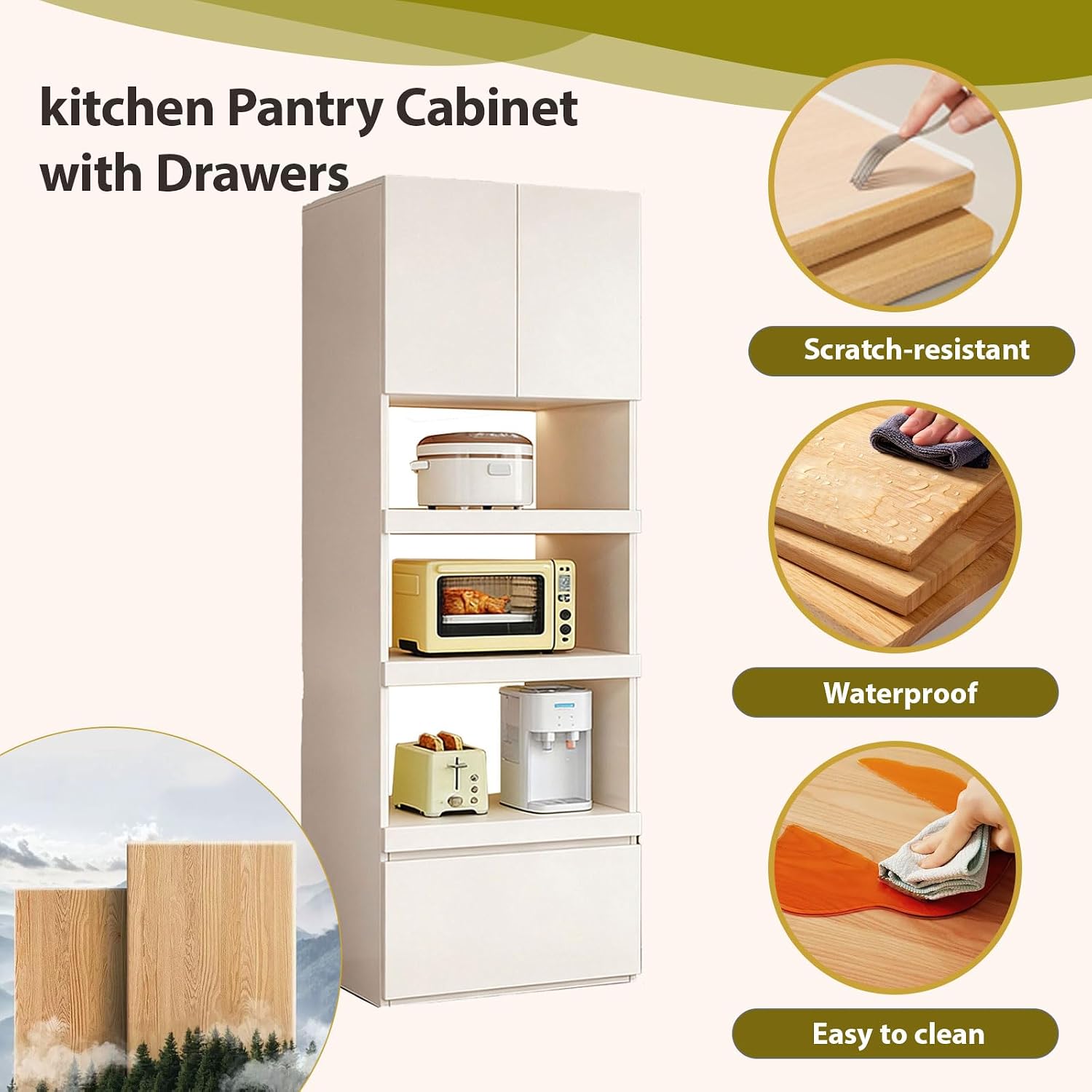 LINLIUA 71'' Tall Kitchen Pantry Cabinet, Wood Pantry Storage Cabinet with Doors, 3 Pull-Out Shelves and Drawer, Modern Slim Kitchen Hutch for Dining Room Small Space