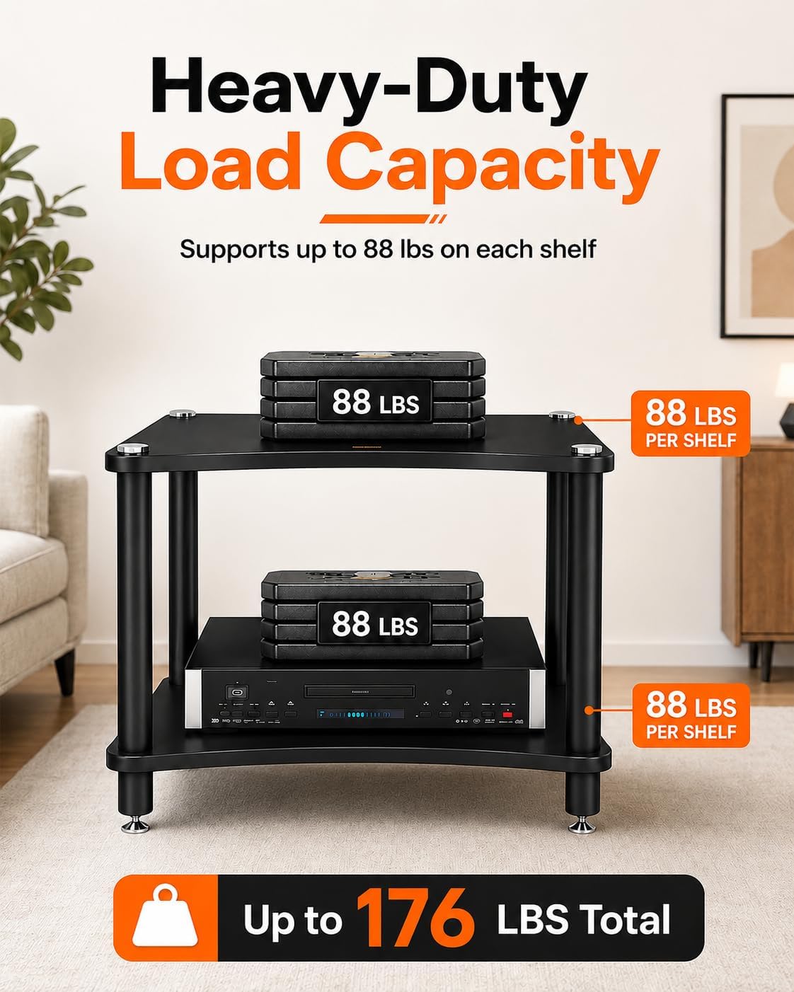 Heavy Duty 2-Tier AV Media Stand, 176 lb Load Capacity, Black | anti-vibration feet that help reduce resonance for clearer sound, open ventilation, cable management, Built for Hi-Fi systems
