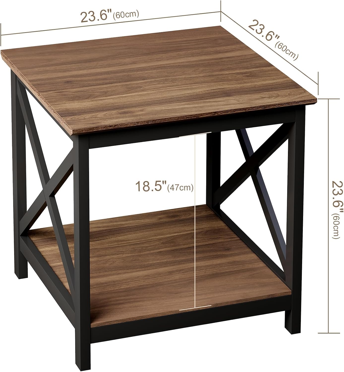ChooChoo End Tables Set of 2, 24 Inch End Table with 2-Tier Storage Shelf, Side Table for Living Room, Wood Nightstand for Bedroom, Office, Painted Surface, Walnut