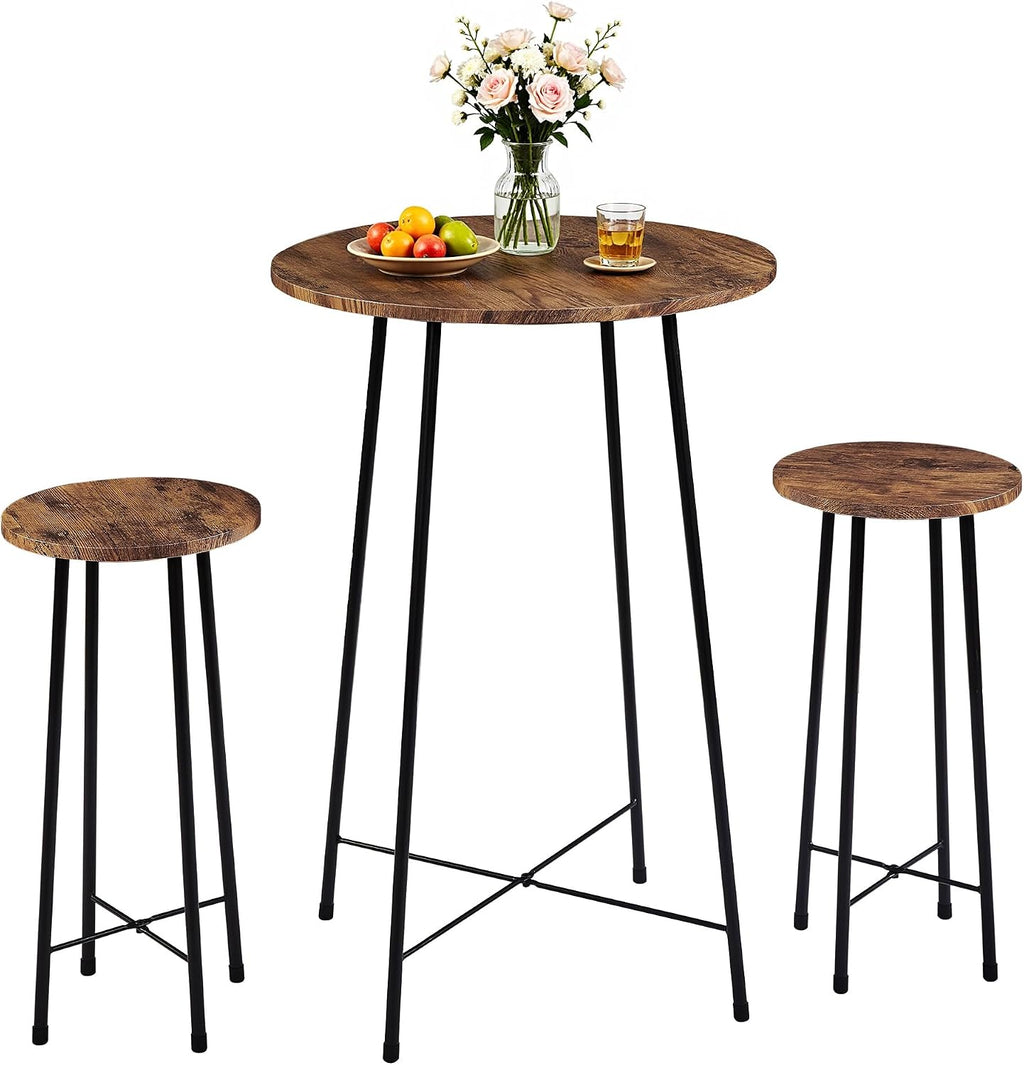 VECELO 3 Piece Pub Table and Chairs Sets Counter Height Bistro Bar Sets with 2 Barstools for Kitchen Breakfast Nook, Small Space, Apartment, Breakfast Dinner Restaurant, Brown