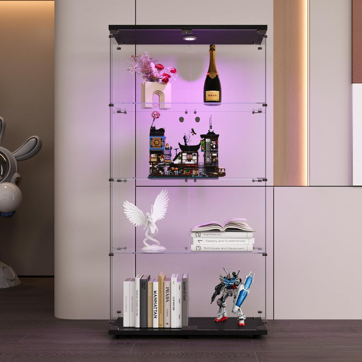 4-Shelf Glass Display Cabinet with LED Lights and Lock,Curio Cabinets Display Case with 2 Door,Tempered Glass Collection Display Showcase for Living Room,Exhibition Hall 64.7"x 32"x 14.4" Black