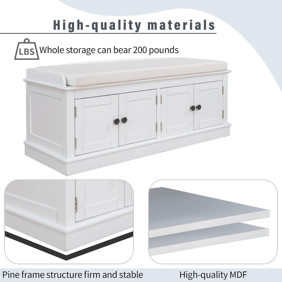 SOFTSEA 42.7" Shoe Bench with Padded Seat Cushion, 2-Tier Entryway Bench with 4 White Doors and Adjustable Shelves, Shoe Cabinet for Entryway, Bedroom, Living Room, White