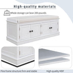GDFStudio Jasd Storage Bench with 4 Doors and Adjustable Shelves, Removable Cushion Bench Ottoman, Solid Wood Frame Storage Ottoman, Rectangular Cabinet with Seating for Living Room Entryway, White