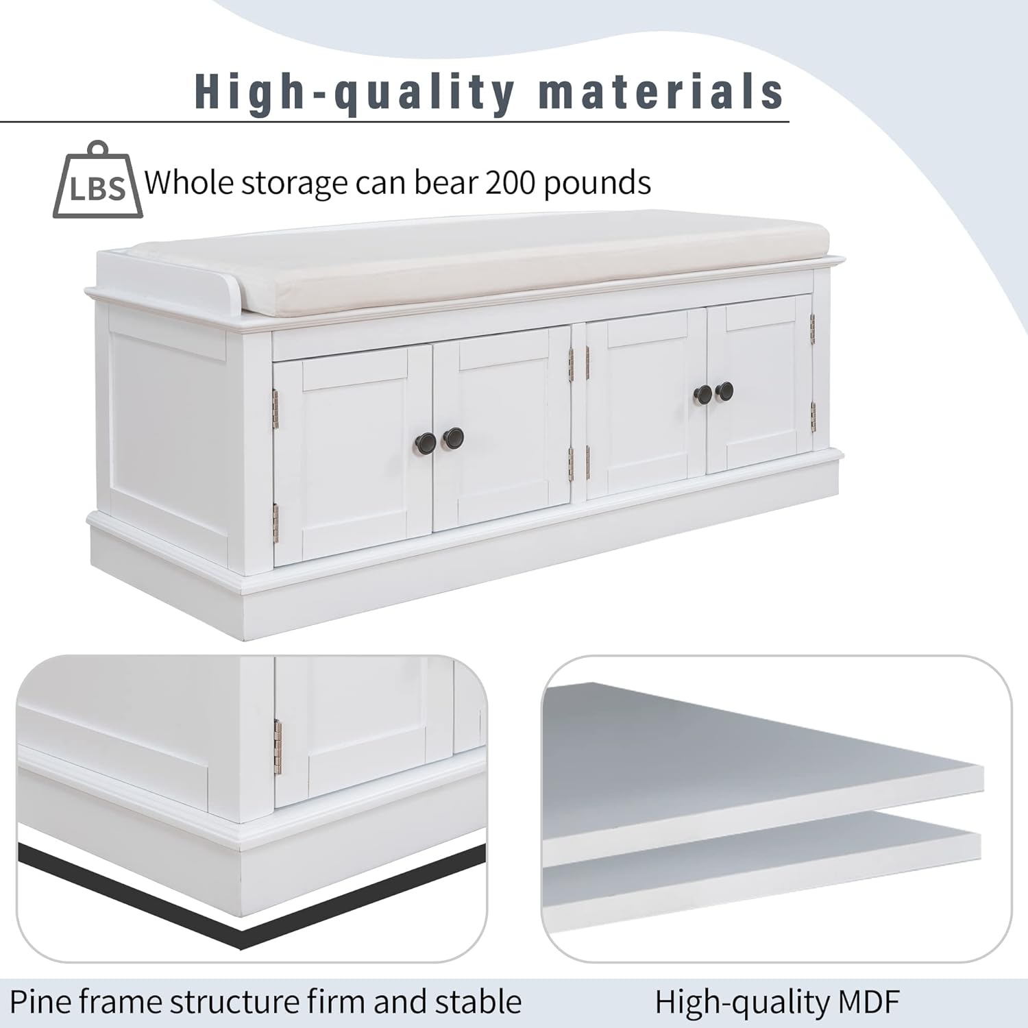 GDFStudio Jasd Storage Bench with 4 Doors and Adjustable Shelves, Removable Cushion Bench Ottoman, Solid Wood Frame Storage Ottoman, Rectangular Cabinet with Seating for Living Room Entryway, White