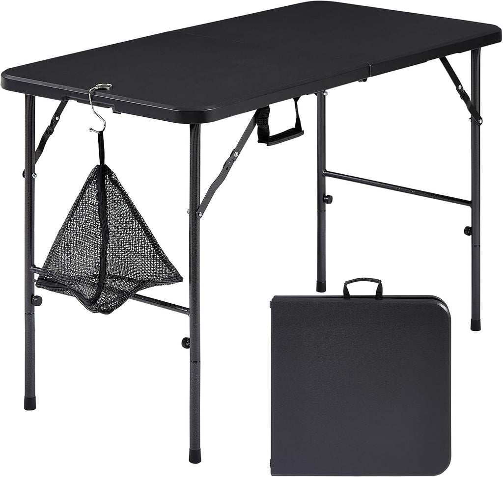 VECELO Folding Table 4 Foot with Mesh Bag, Indoor Outdoor Heavy-Duty Portable w/Handle,Fold-in-Half for Picnic, Party, Camping, Matte Black
