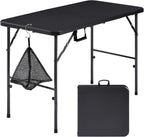 VECELO Folding Table 4 Foot with Mesh Bag, Indoor Outdoor Heavy-Duty Portable w/Handle,Fold-in-Half for Picnic, Party, Camping, Matte Black