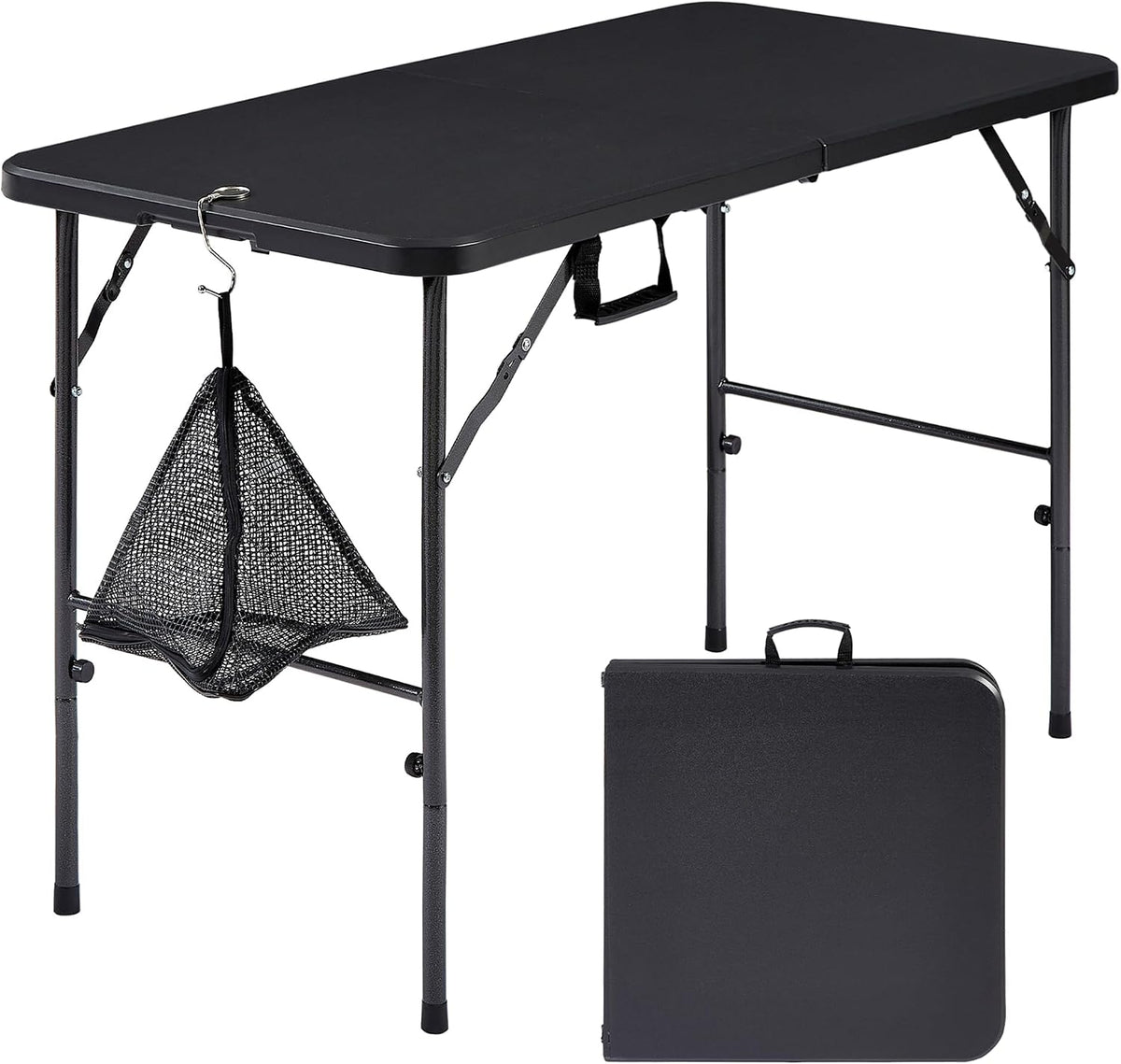 VECELO Folding Table 4 Foot with Mesh Bag, Indoor Outdoor Heavy-Duty Portable w/Handle,Fold-in-Half for Picnic, Party, Camping, Matte Black