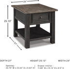 BOWERY HILL Contemporary Wood End Table, Grayish Brown and Black Finish, 1 Drawer and Bottom Shelf, Dark Bronze-Tone Hardware, 25.13" H x 24" W x 27" D, Shabby Chic Living Room Accent