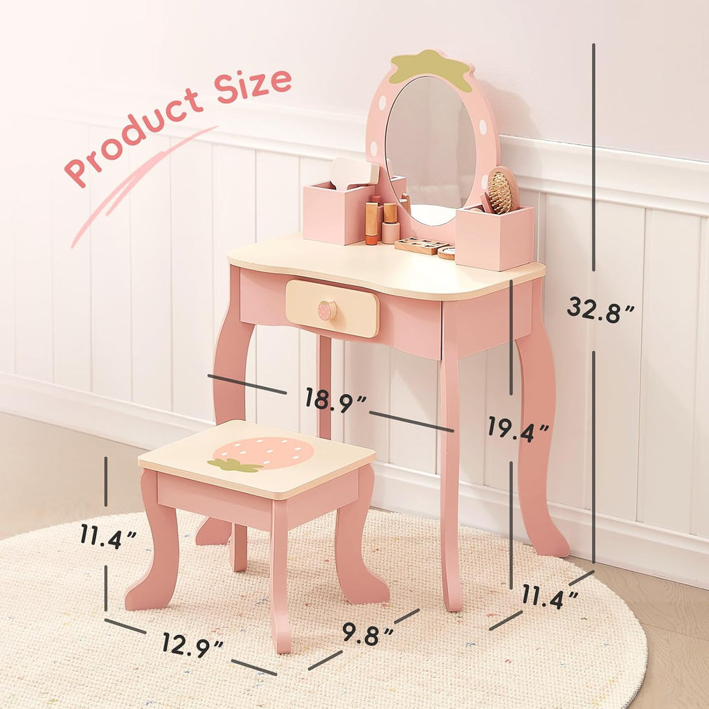 OOOK Toddler Vanity for 3 Year Old with 10pcs Pretend Makeup Accessories | FSC Safety, Kids Vanity and Makeup Table for Kids with Drawer, Pink Strawberry-Themed, Ideal Gift Choice for Girls Aged 3+
