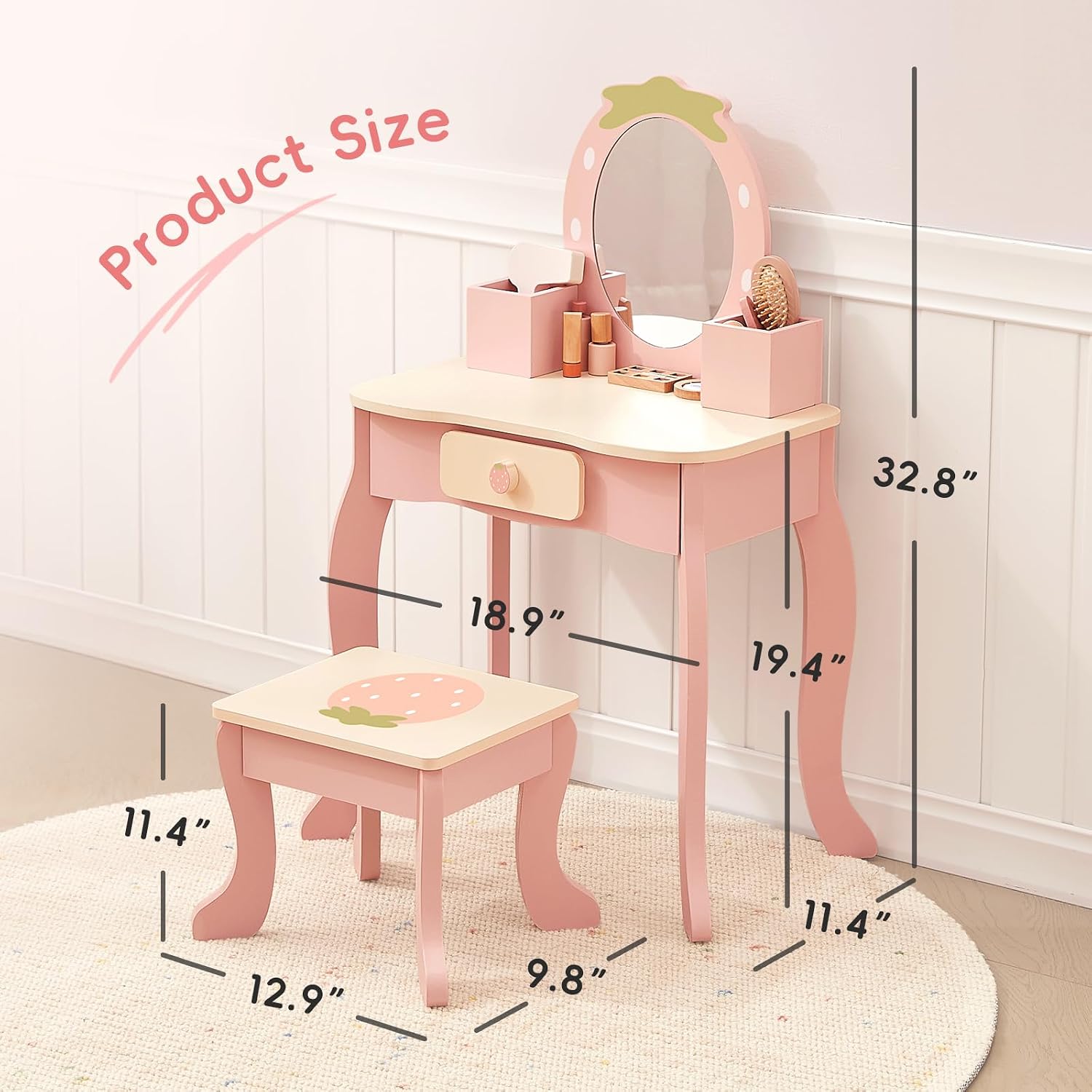 OOOK Toddler Vanity for 3 Year Old with 10pcs Pretend Makeup Accessories | FSC Safety, Kids Vanity and Makeup Table for Kids with Drawer, Pink Strawberry-Themed, Ideal Gift Choice for Girls Aged 3+