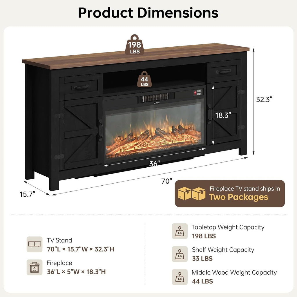 Farmhouse Living Room Table Sets of 2, 70 inch, Black | Includes 70 inch TV Stand, Lift Top Coffee Table with Charging Station, Modern Living Room Table Set