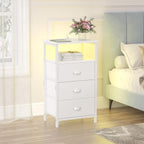 sthmec Nightstand with Charging Station,LED White Nightstand with 3 Fabric Drawers PU Finish, Bedside End Tables, 2-Tier Open Storage Shelf Side Table Nightstand with Drawers for Bedroom,White