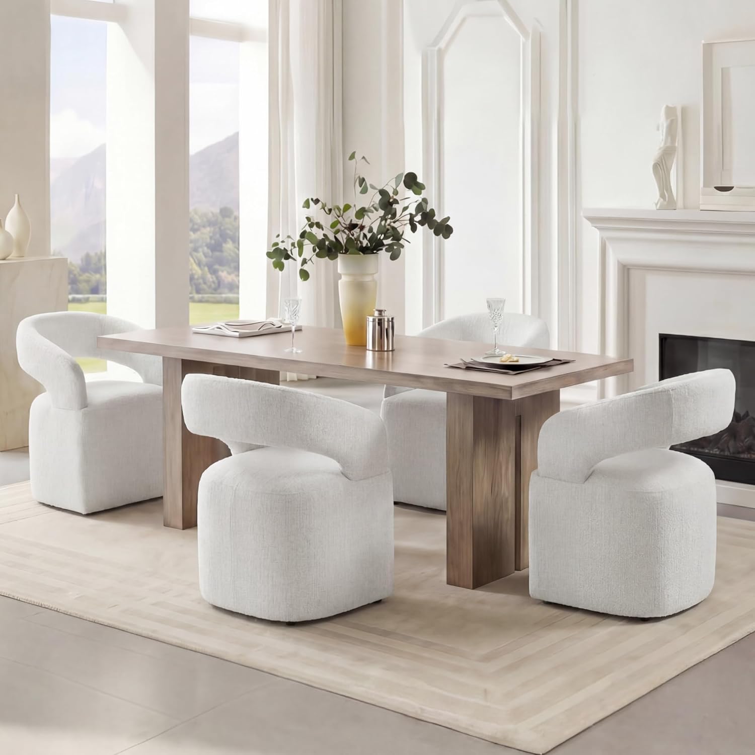 KISLOT Upholstered Dining Chairs Set of 4, Modern Arm Kitchen & Dining Room Chairs with Hidden Casters, Linen Fabric Padded Rolling Chairs, Sturdy Wood Frame, 300 lbs Capacity, Light Linen