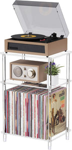 Clear Acrylic Record Player Stand with Vinyl Storage, 15.75" L x 11.81" W x 24.5" H, 3 Tier Small Side Turntable Table with Album Shelf, Modern Bedside End Table for Living Room, Bedroom