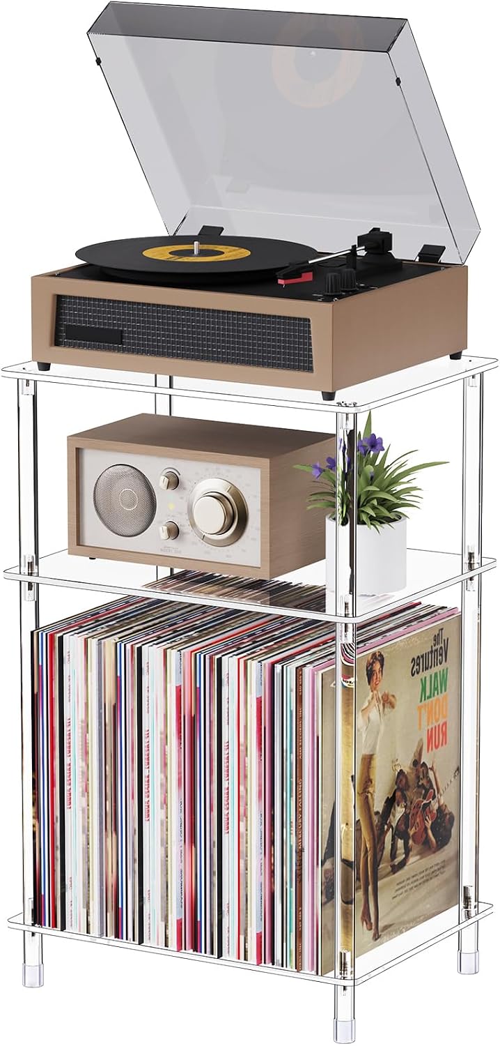 Clear Acrylic Record Player Stand with Vinyl Storage, 15.75" L x 11.81" W x 24.5" H, 3 Tier Small Side Turntable Table with Album Shelf, Modern Bedside End Table for Living Room, Bedroom