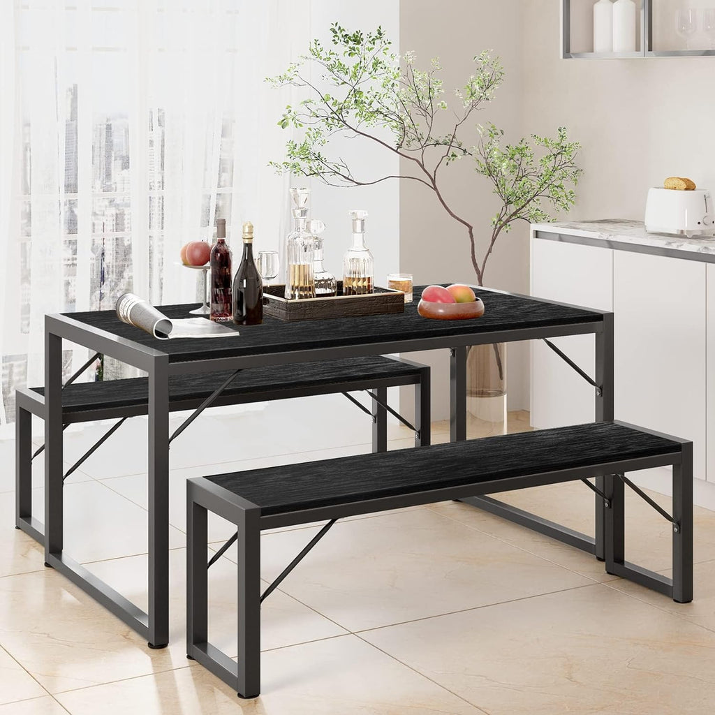Gizoon 45.5" Dining Table Set for 4, Kitchen Table with 2 Benches Black | Space-saving black 4-person table set with 2 benches. Steel frame & MDF board. Benches tuck under table. 330lbs capacity.