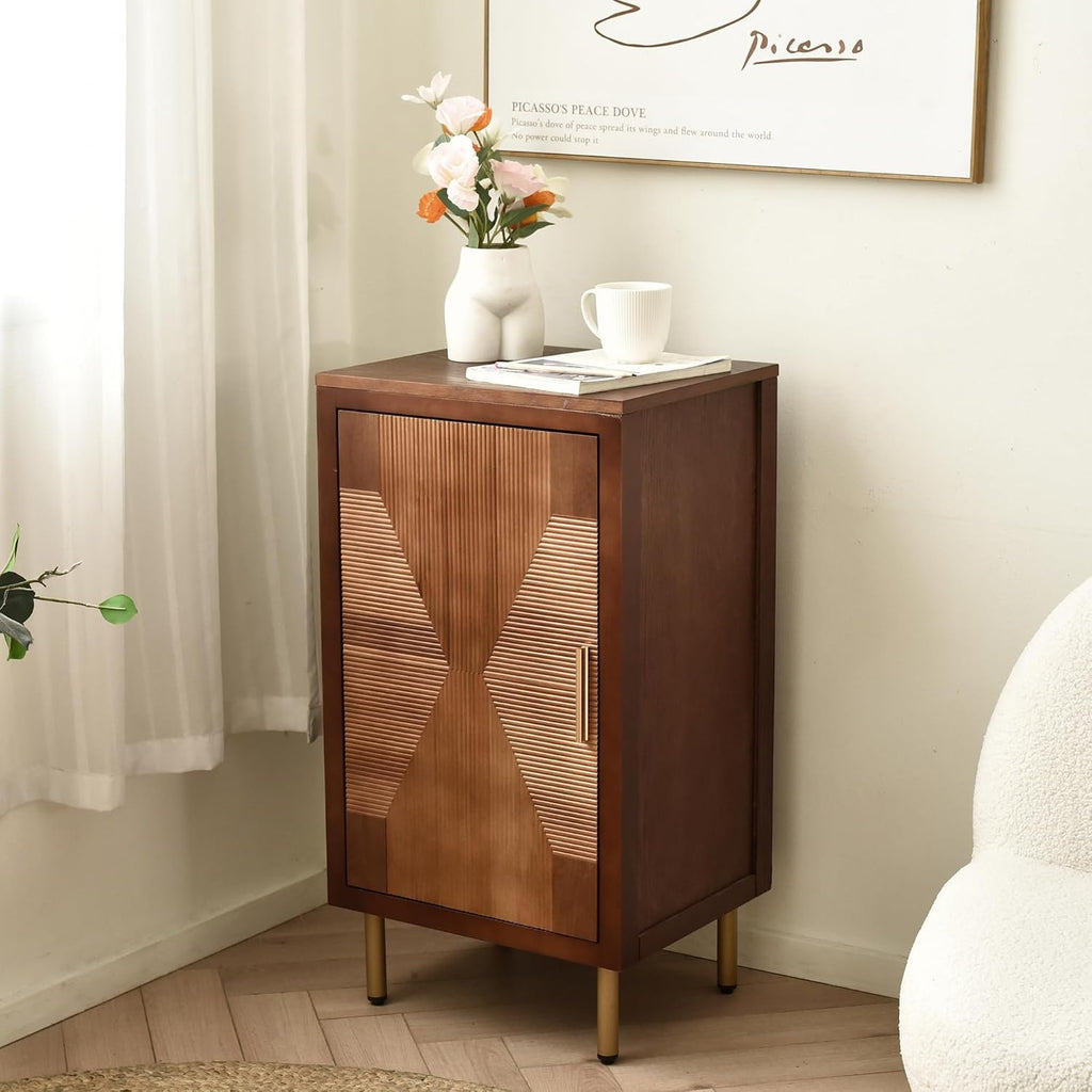 eHemco Modern End Table with Storage, Two-Toned Ribbed Parquet Design, 17 x 14 x 30 Inches, Antique Walnut and Natural Finish