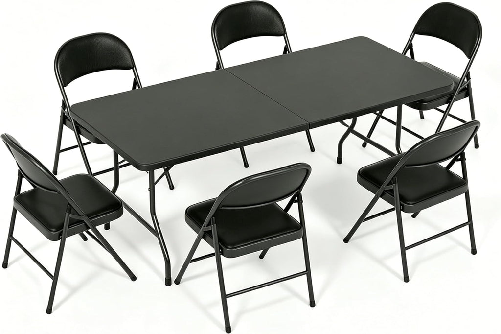 Folding Dining Table Set, 6FT Foldable Plastic Table with Carrying Handle & 6 PU Leather Padded Folding Chairs, Portable Table and Chairs Set for Indoor Outdoor Party Wedding Picnic Event