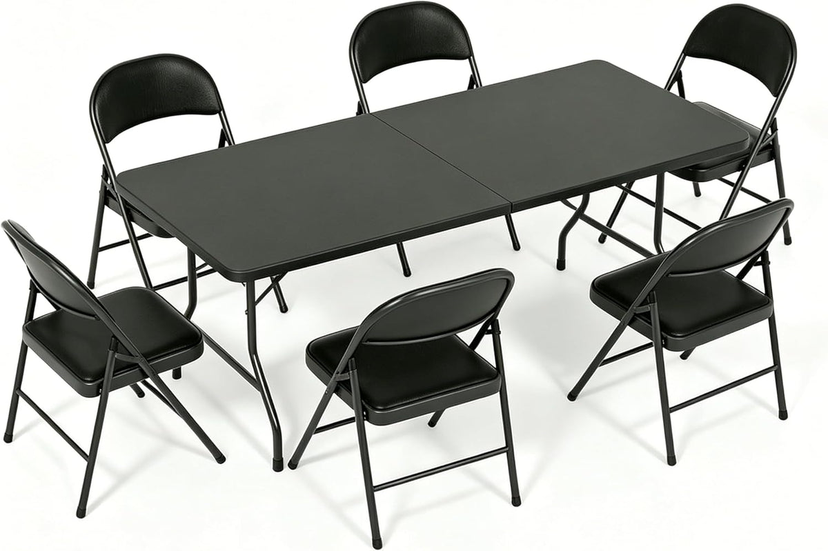 Folding Dining Table Set, 6FT Foldable Plastic Table with Carrying Handle & 6 PU Leather Padded Folding Chairs, Portable Table and Chairs Set for Indoor Outdoor Party Wedding Picnic Event