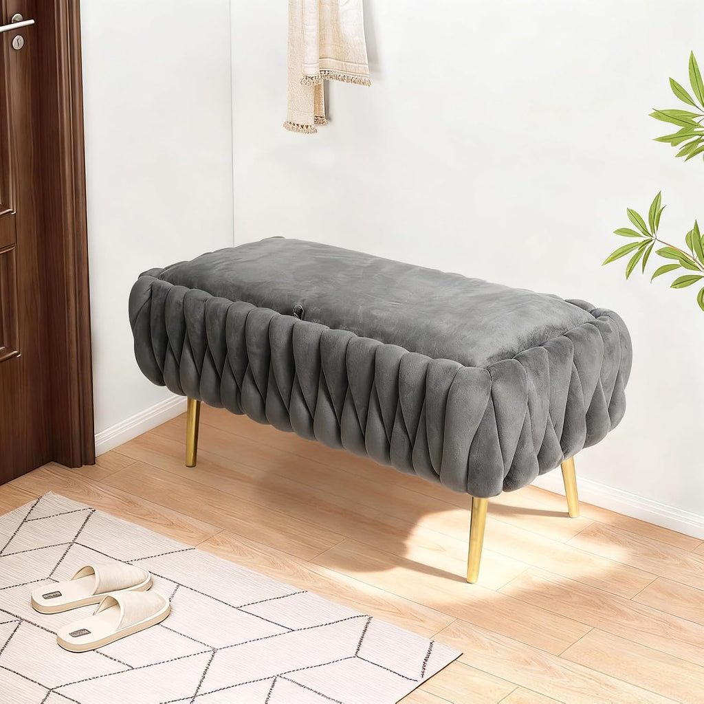 End of Bed Bedroom Storage Bench Upholstered, Hand-Woven Storage Ottoman Bench for Bedroom with Hinged Lid Golden Legs, for Living Room, Entryway Grey