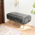 End of Bed Bedroom Storage Bench Upholstered, Hand-Woven Storage Ottoman Bench for Bedroom with Hinged Lid Golden Legs, for Living Room, Entryway Grey