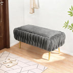 End of Bed Bedroom Storage Bench Upholstered, Hand-Woven Storage Ottoman Bench for Bedroom with Hinged Lid Golden Legs, for Living Room, Entryway Grey